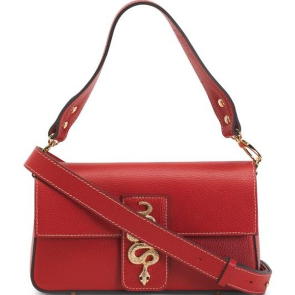 DIVINA FIRENZE Made In Italy Leather Baguette Crossbody With Snake Detail - Picture 5 of 5